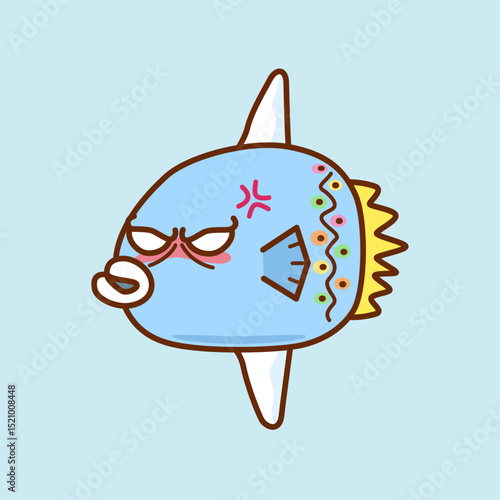 怒るカラフルなブルー色のマンボウ／Angry colorful blue sunfish
