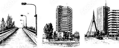 Architectural engraving collection featuring concrete block wall and urban structures