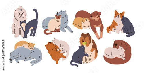 Dog and cat friends set. Cute pets, canine and feline animals hugging, cuddling, playing, sleeping and relaxing together with love, friendship. Flat vector illustrations isolated on white background