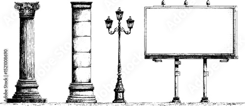 Engraved illustration of concrete column and urban elements for architectural design