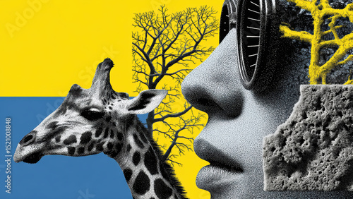 Animal concept art with giraffe and mushrooms for poster, textile and web banner templates