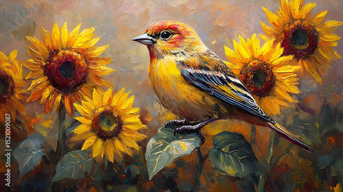 Colorful bird amidst sunflowers in a vibrant painting.