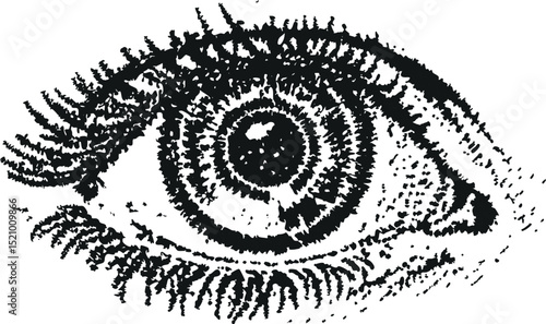 Scared eye, collage element with vintage stipple photocopy effect, with retro grainy texture. Vector illustration for grunge psychedelic surreal poster or tattoo in 90s aesthetic