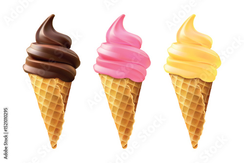 Realistic 3D ice cream in waffle cones set. Delicious ice cream with strawberry, chocolate and vanilla flavors. Summer cold dessert icons.