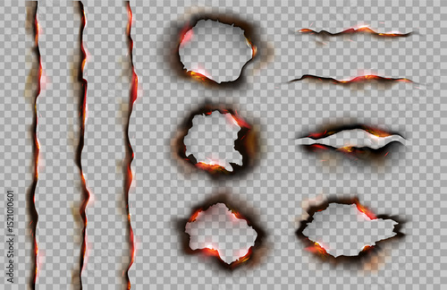 Vector realistic set of burnt paper edges with black ash and fire isolated on transparent background