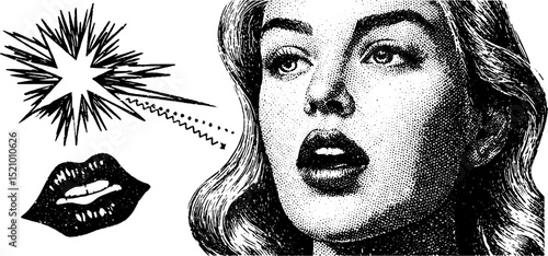 Retro engraved comic art of woman with pop art bubble elements for creative design