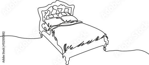 One Line Drawing of Double Bed – Minimalist Bedroom Furniture Vector Illustration.