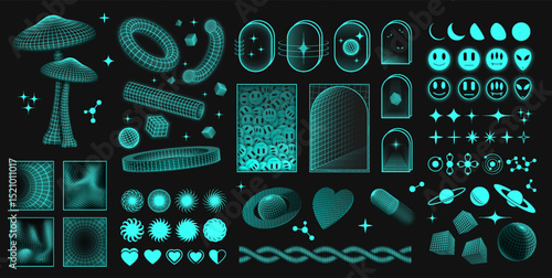 Retro geometric futuristic elements for design in neon blue color. Abstract y2k shape aesthetic set. Cyberpunk icons in psychedelic rave style.