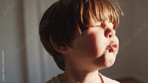 Cheerful boy illuminated by warm sunlight, puffing out cheeks with playful energy and joyful childhood innocence