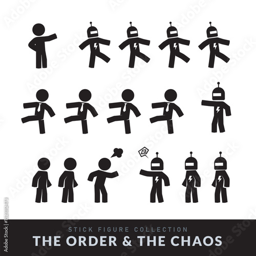 The Rule of AI Robots and Humans. Various pose of Stick Figure. Vector Illustration