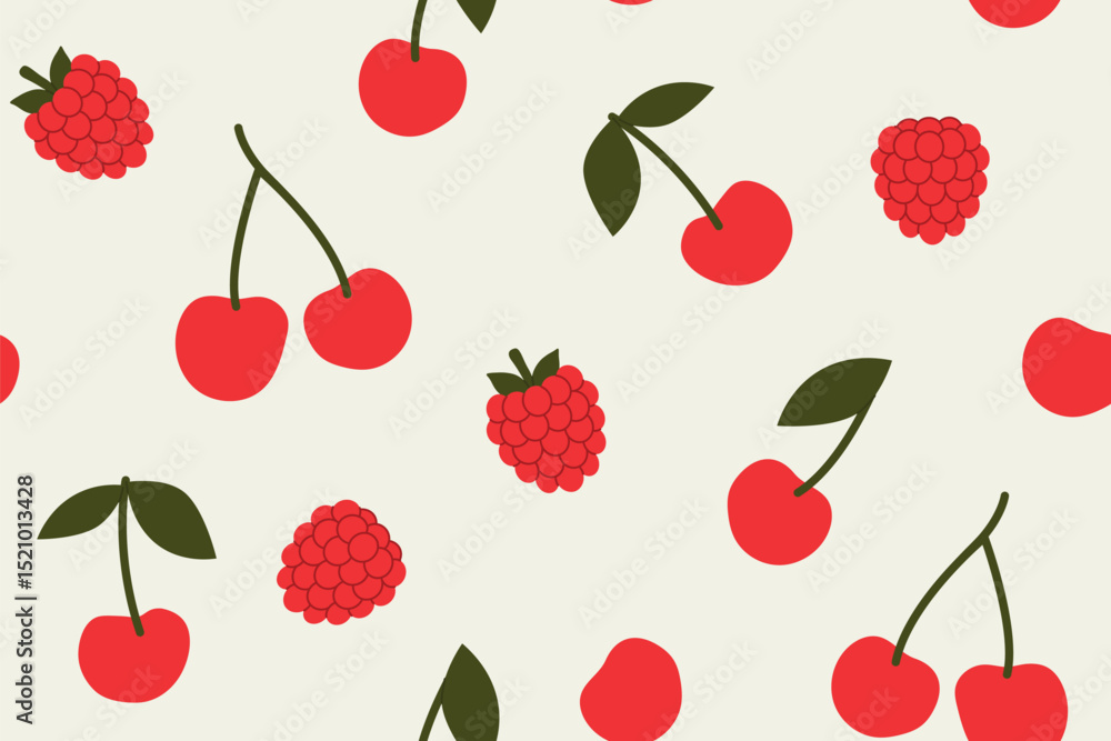 summer seamless pattern with raspberry and cherry fruits with leaves; bright, juicy perfect for textiles, packaging, wallpapers, and seasonal designs- vector illustration summer seamless pattern with raspberry and cherry fruits with leaves; bright, juicy perfect for textiles, packaging, wallpapers, and seasonal designs- vector illustration