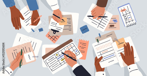 Team at office desk. Hands writing paper notes, planning agenda, business schedule. Work process at workplace, table, top view. Corporate meeting, teamwork from above. Flat vector illustration