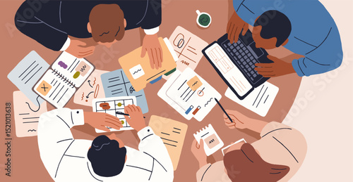 Business team meeting at desk, table, top view. Office workers during work planning, agenda and project discussion, analysis with paper notes and laptop from above, overhead. Flat vector illustration
