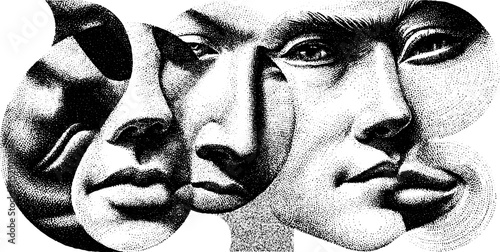 Artistic engraved illustration of abstract human faces overlapping in monochrome design