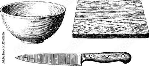 Vintage engraved kitchenware set featuring cutting board knife and bowl for culinary design