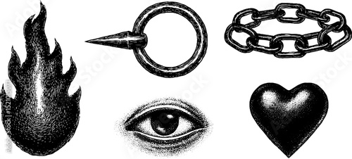 Intricate engraved designs of cyber grin, eye, flame, heart, and circular chain set