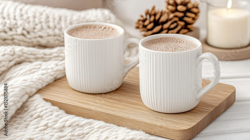 Wallpaper Mural Warm mugs of hot chocolate on wooden tray, surrounded by cozy textures and natural elements Torontodigital.ca
