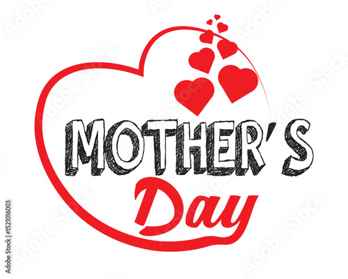 Mother’s Day Heart Typography with Red Love Symbols. Hand-drawn styled Mother's Day typography with a heart outline and floating red hearts