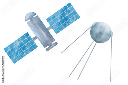 Beautiful set of space blue and gray satellite isolated object from a large space collection. Watercolor digital illustration. Cute for the kids design, decoration of clothes, room, interior, textile