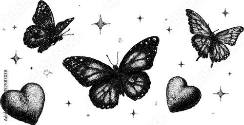 Engraved digital art of hearts and butterflies with stars for design and decoration