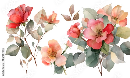 Watercolor Roses and Leaves