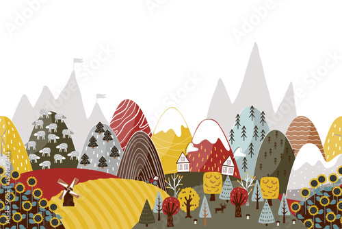 Cute seamless border pattern with doodle hand drawn mountains and fields landscape. Creative children texture for kids fabrics, decor, wallpapers. Modern cartoon style vector illustration.