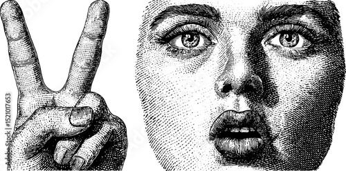 Detailed engraving of disappointed expression with peace hand gesture for design projects