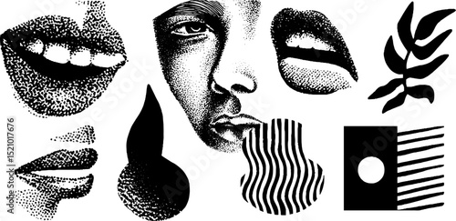 Engraved illustration set of disassembled faces with abstract elements for creative design