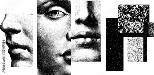 Artistic engraved collage of disassembled faces for creative design projects