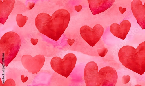 Watercolor Red Hearts Pattern Background