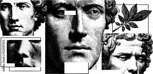 Engraved collection of disassembled faces and botanical element for artistic design
