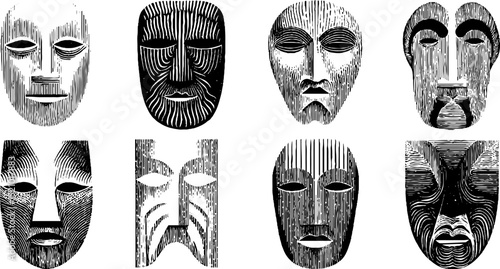 Engraved illustration set displaying disassembled face art for creative design projects