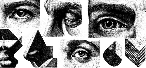 Intricate engraved illustration of disassembled human facial features for art and design