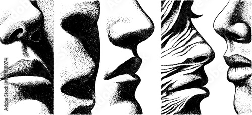 Surreal engraved faces set highlighting unique facial features for artistic design