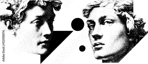 Engraved classical portraits with geometric elements for artistic design