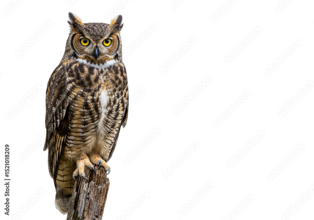 Obraz premium Isolated Great Horned Owl Perched on Weathered Wooden Stump