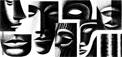 Abstract art composition of engraved disjointed faces illustrating human expression
