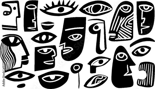 Abstract engraved illustration set of disjointed faces for artistic design and creativity