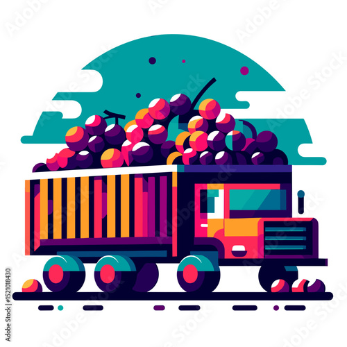 Grape bin trailer illustration loaded with colorful grapes in abstract style on a transparent background