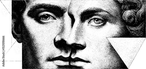 Engraved artistic portraits set with unique disjointed faces composition