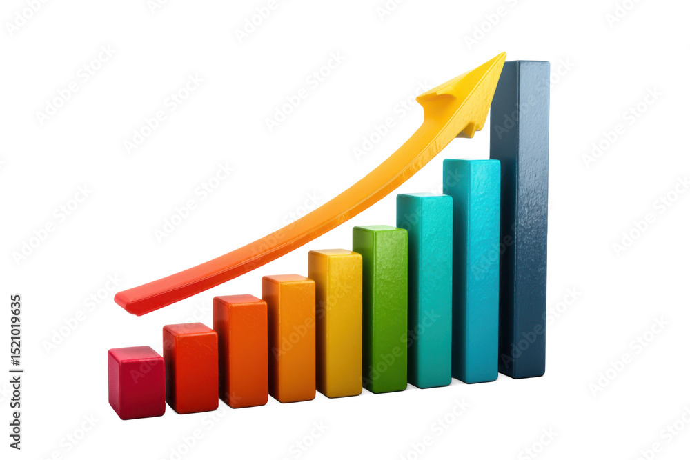 Colorful bar graph with rising arrow isolated on transparent background Colorful bar graph with rising arrow isolated on transparent background