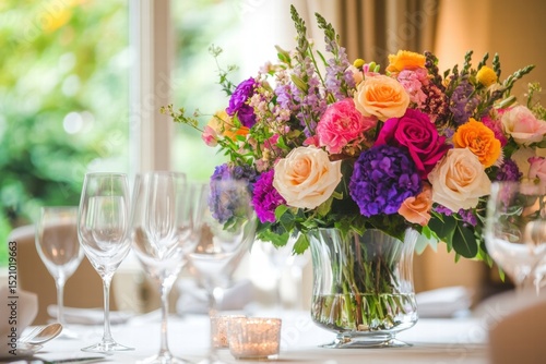 Fresh flower bouquet in glass vase placed on dining table
