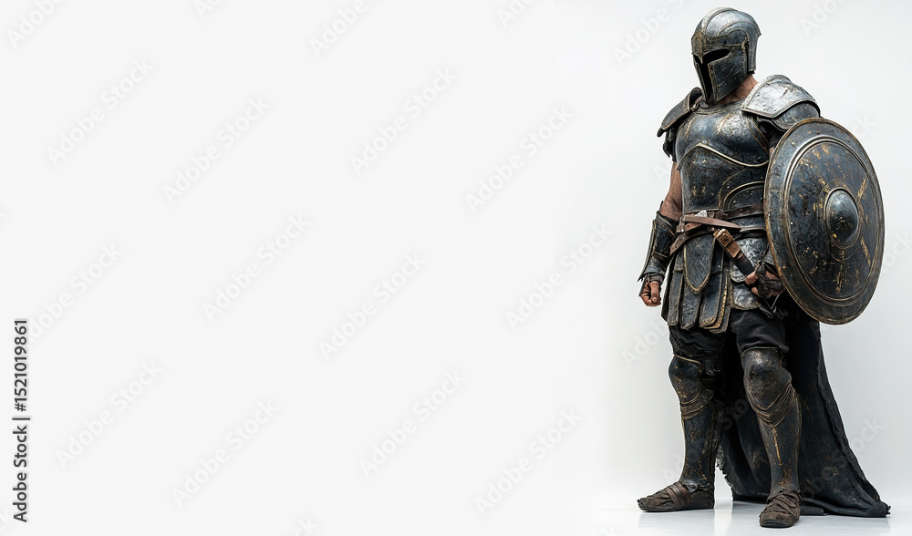 Fototapeta premium Trojan warrior in full armor standing tall on a white background. Header banner mockup with copy space.