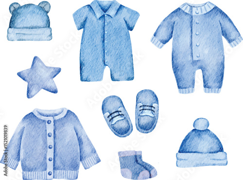Watercolor set of blue baby boy clothes illustration isolated on white background. Charming newborn outfit design for nursery decoration