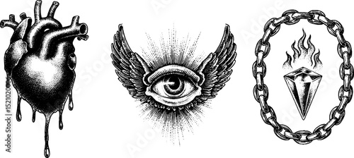 Engraved illustrations of dripping heart, winged eye, and flaming crystal in chain