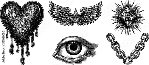 Engraved art collection: dripping heart, wings, eye, diamond burst, and chain motif