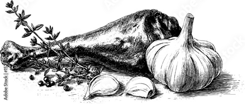 Engraved illustration set featuring duck confit leg with garlic and herbs for culinary art