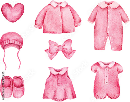 Pink baby girl clothing and accessories set watercolor illustration isolated on white background. Baby clothes decorative elements in gentle and soft pink colors.