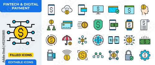 Fintech and Digital Payment Filled Icons Set - Financial Technology, Online Banking, and Mobile Transaction Vector
