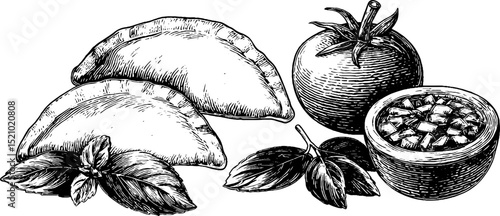 Engraved illustration set of empanadas and tomatoes with basil and salsa